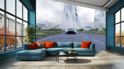 Futuristic sport car very fast driving on highway. Futuristic city concept. 3d rendering. Wall mural