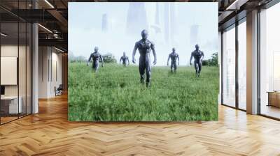 military space soldiers of the future on a green meadow against the backdrop of a futuristic city. 3d rendering. Wall mural