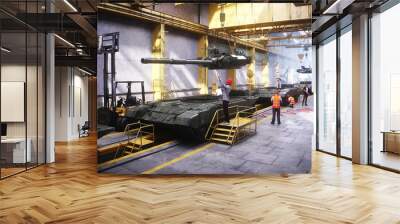 Production of military russian battle tank T 90 at the factory. Military factory weapon. 3d rendering. Wall mural