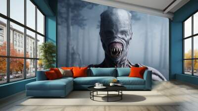 scary monster in fog night forest. Fear and horror. Mistic and ufo concept. 3d rendering. Wall mural