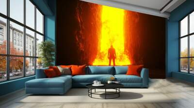 Sinner. A lonely sinfull man stands in front of a hell gates. Hell fire. Religious concept. 3d rendering. Wall mural