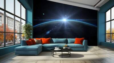 Sunrise over earth as seen from space. With stars background. 3d rendering Wall mural