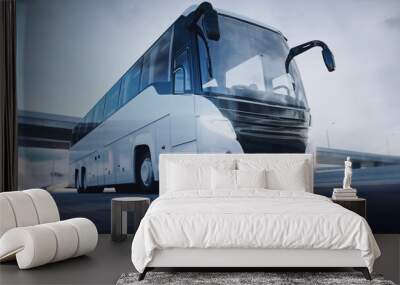 Touristic passenger bus on highway. Very fast driving. Tourism concept. 3d rendering. Wall mural