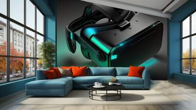 A black virtual reality headset with glowing blue accents, set against a white background with a subtle green gradient. generative ai Wall mural