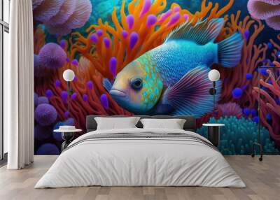 A close up of a colorful tropical fish swimming in a coral reef, surrounded by vibrant coral and sea anemones generative ai Wall mural