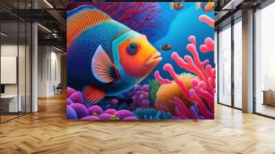 A close up of a colorful tropical fish swimming in a coral reef, surrounded by vibrant coral and sea anemones generative ai Wall mural