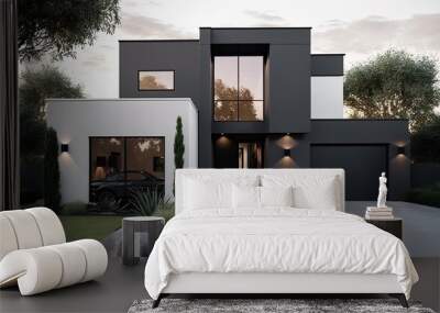 A contemporary house with sleek lines and minimalist design, featuring large windows that provide ample natural light. The exterior is painted in a cool grey with accents of white generative ai Wall mural