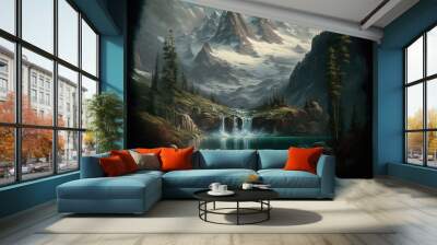 A dramatic mountain scene with rushing waterfalls and a still, tranquil lake generative ai Wall mural