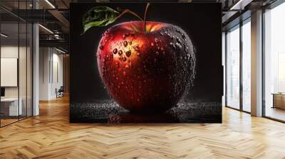 A juicy red apple with water droplets glistening in the light, isolated on a black background. The dramatic lighting creates a sense of mystery and allure generative ai Wall mural