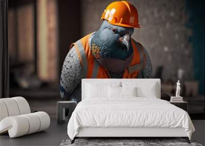 A pigeon in a hard hat and orange vest working on a construction site Wall mural