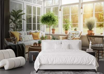 Bright and airy sunroom with wicker furniture and indoor plants generative ai Wall mural