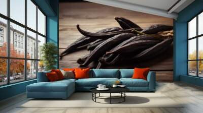 Bunch of vanilla pods on wooden table. Wall mural