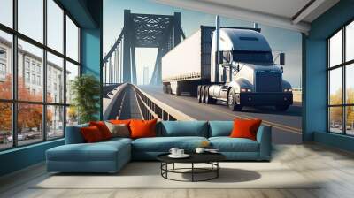 Cargo truck with container driving on the bridge. Semi-Truck with Cargo Trailer generative ai Wall mural