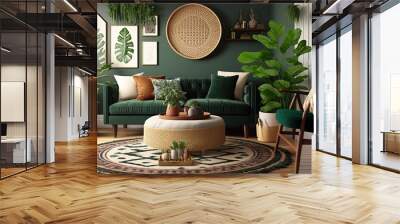 Chic boho living room with a velvet green sofa, woven rug, and plants in wicker baskets generative ai Wall mural