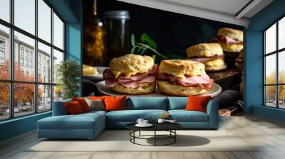 Fresh buttermilk biscuits with country ham on plates. Wall mural