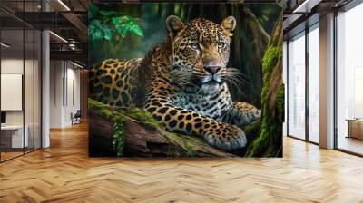 Leopard relax in the rain forest on the timber with moss and looking camera generative ai Wall mural