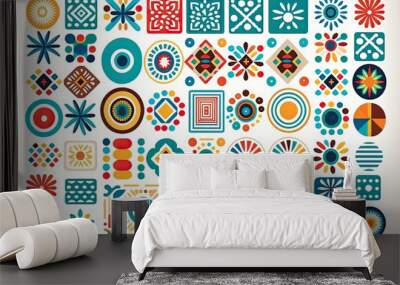 Mexican tribal pattern made from squares, circles, alphabets, poka dots, lines, flowers, and patterns, modern traditional in the white background. minimal boho generative ai Wall mural