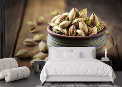 pistachio in shell nuts in bowl on wooden table background generative ai Wall mural