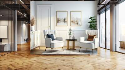 White living room interior with two armchairs and coffee table, dresser with art decoration, carpet on hardwood floor generative ai Wall mural