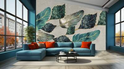 3d art wallpaper wall decor poster. blue, turquoise, and gray leaves, feathers and golden on drawing beige background	 Wall mural