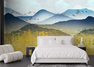 3d blue  landscape modern art mural wallpaper. Forest, dark blue background and white clouds  with colorful mountains. Chinese artwork for wall decoration artwork Wall mural