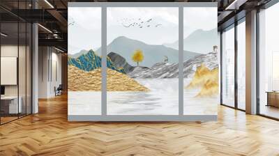 3d illustration wallpaper landscape art. golden trees with golden, yellow, and gray mountains on a light gray background with white clouds.  Wall mural