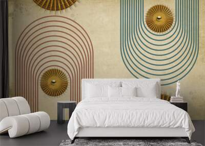 3d mural modern wallpaper. golden silhouettes circles with carvy lines in light beige background	 Wall mural