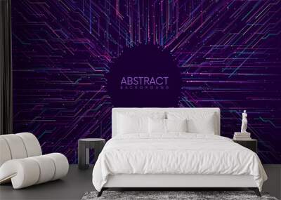 Abstract circuit board background with random colorful streaming neon lines. Artificial Intelligence or big data futuristic concept. Vector illustration Wall mural