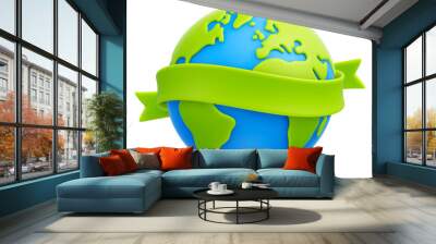 Cartoon planet Earth with blank green ribbon isolated on transparent background. Earth day or environmental protection concept. Save our green planet concept. PNG file Wall mural