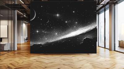 Deep space scene background in stippling style with spiral galaxy, glowing nebula and stars. Retro styled dotwork. Pointillism. Panorama. Noisy grainy shading using dots. Vector illustration Wall mural