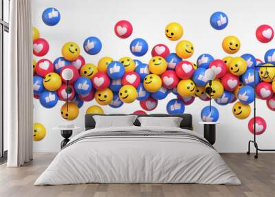 Get More Likes. Many flying blue red and yellow balls with social media icons. Vector illustration Wall mural