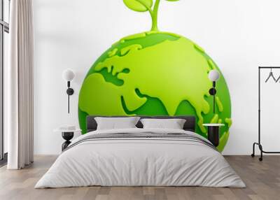 Green cartoon planet Earth with sprout and leaves 3d vector icon on white background. Earth day, ecology, nature and environment conservation concept. Save green planet concept Wall mural