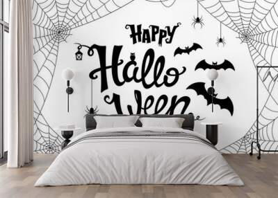 Happy Halloween lettering with spider, web and flying bats. Holiday lettering design for banner, party poster, invitation and greeting card. Vector illustration Wall mural