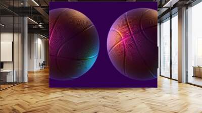 Set of abstract basketball balls in different views in neon studio lights isolated on purple background. 3d rendering Wall mural