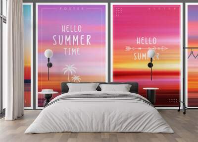 Set of summer gradient posters in minimal style. Beautiful ocean beach horizon with sunrise or sunset. Trendy design with ambient soft blurred background for banner, flyer, cover or invitation Wall mural