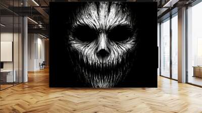 Spooky scary creepy evil Halloween monster face made from old dry branches, roots and thorns, isolated on black background. Black and white horror grunge design background for t-shirt print or poster Wall mural