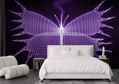 stylized unusual glowing butterfly with open wings on black background. 3d illustration Wall mural