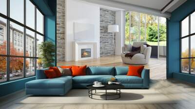 Modern bright living room lounge interior with fire place. 3D rendering Wall mural