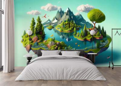 Floating island with lake and beautiful landscape. 3d illustration of flying land green forest with trees, mountains, animals, water isolated with clouds.  Wall mural