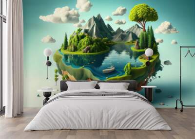 Floating island with lake and beautiful landscape. 3d illustration of flying land green forest with trees, mountains, animals, water isolated with clouds.  Wall mural