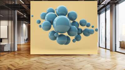 Abstraction from shiny flying blue spheres on a beige background. 3d render illustration. Wall mural