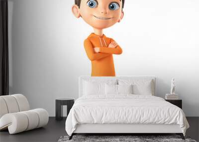 Cartoon character boy in orange sweatshirt folded his arms over his chest. 3d render illustration. Wall mural