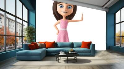 Character cartoon beautiful girl in a pink dress and blue eyes shows leaning against an empty board. 3d render illustration. Wall mural