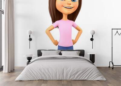 Cheerful cartoon girl character on a white background. 3d render illustration. Wall mural