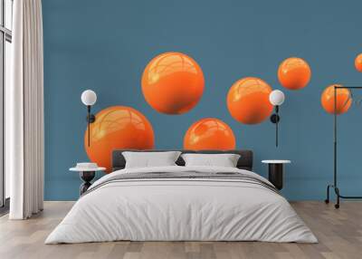 Falling orange balls in the blue background. 3d render illustration for advertising. Wall mural