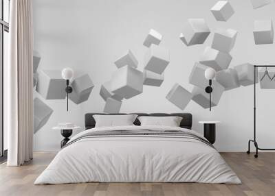 Flying cubes on a white background. 3d render. Wall mural