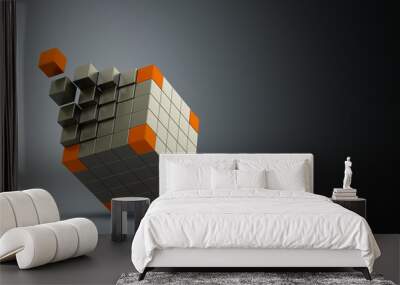 Flying metal cubes and orange on a dark background. 3D rendered Wall mural