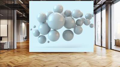 Flying spheres on a blue background. 3d rendering. Illustration for advertising. Wall mural