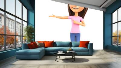 Funny cartoon girl character on a white background with hands points to empty space. 3d render illustration. Wall mural