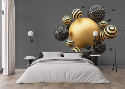 Many flying gold striped balls on a dark background. 3d render illustration. Wall mural